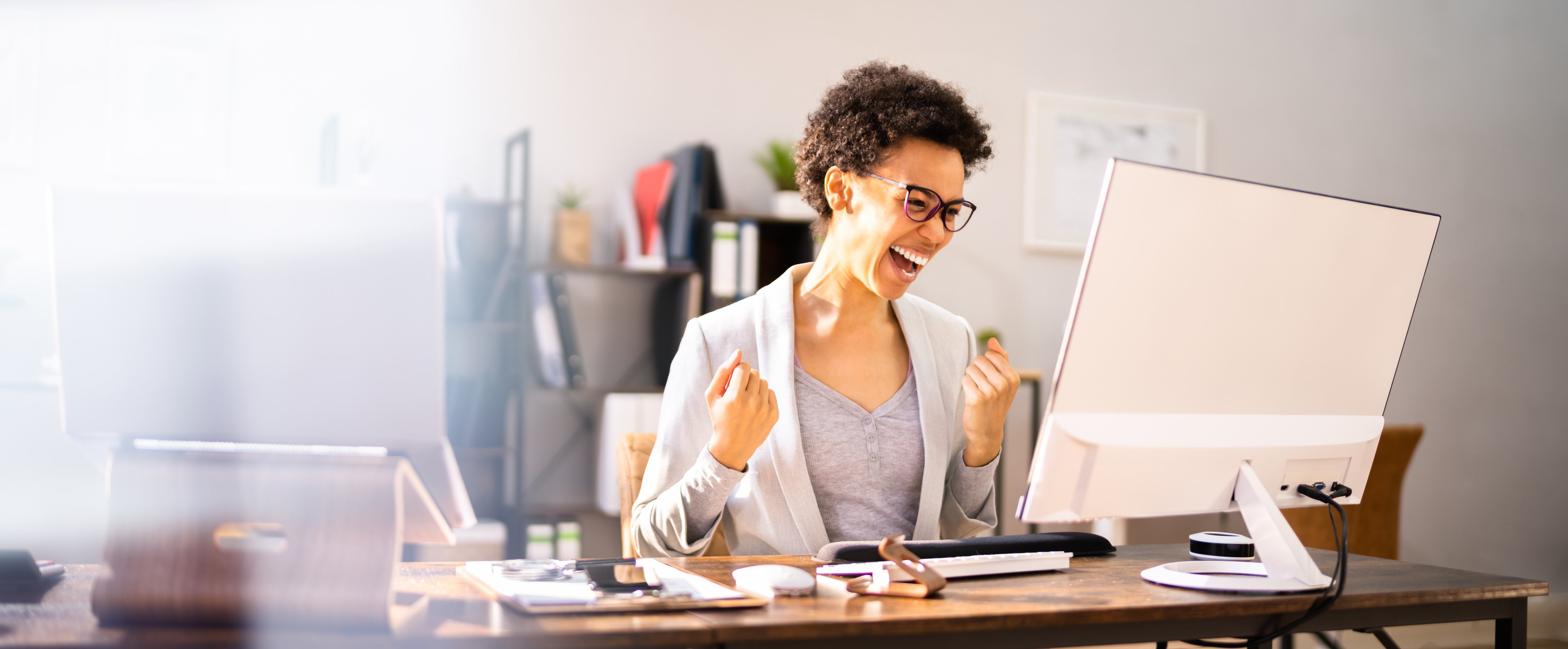 Successful Trader Trader. Excited Businesswoman Working